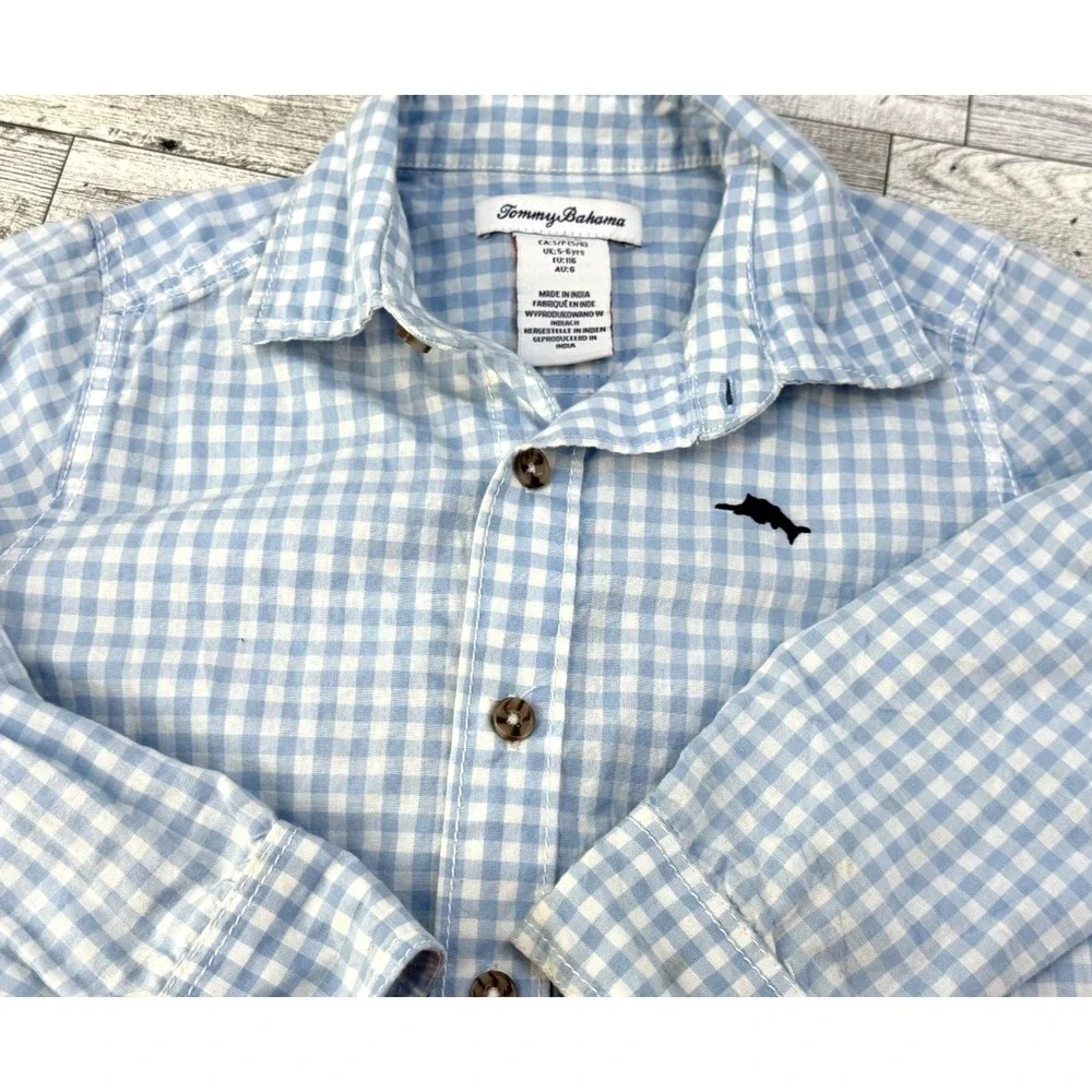 Tommy‎ Bahama Youth Boys Shirt Small 5-6 Blue Check Long Sleeve Button Up Soft